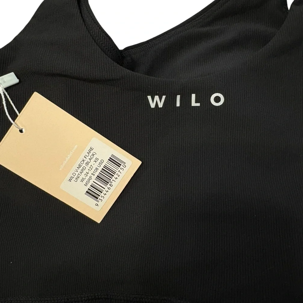 WILO THE LABEL V-Neck Flare Unitard Ribbed Black Jumpsuit Activewear Size XS NWT